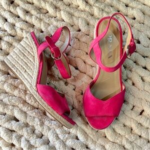Prada Fuchsia Pink Wedge Raffia Sandals